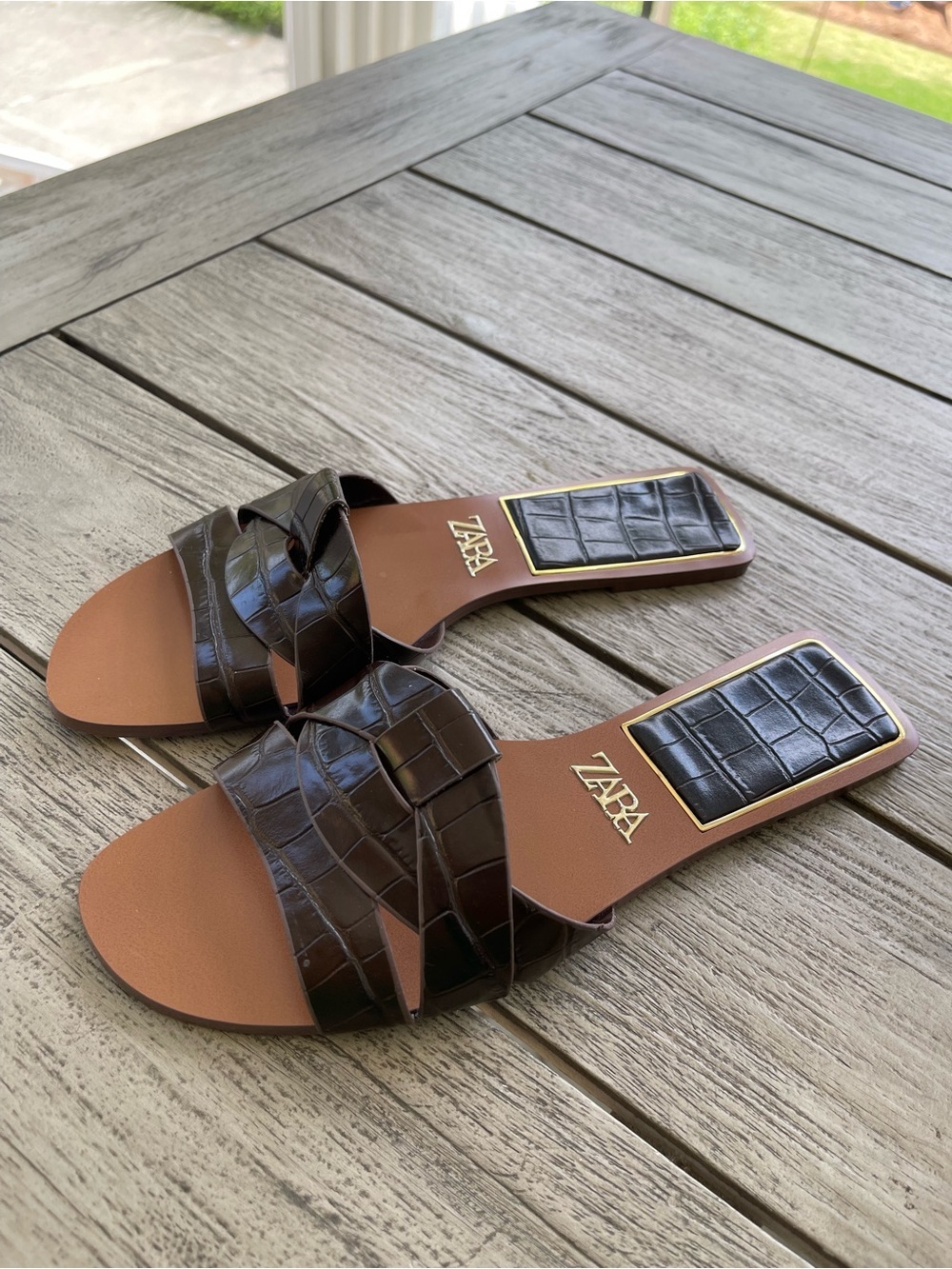 Zara Brown Croc-Effect Slide Sandals Womens Size Small 10 US 40 EU - Picture 2 of 7